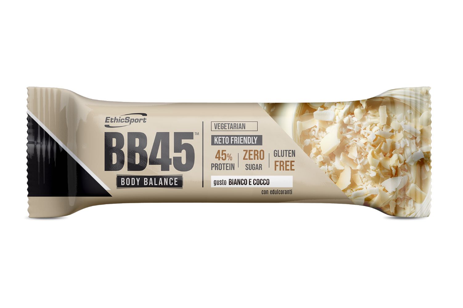 Ethicsport Barrette Proteiche BB45 Body Balance Zero Sugar gusto Bianco e Cocco
